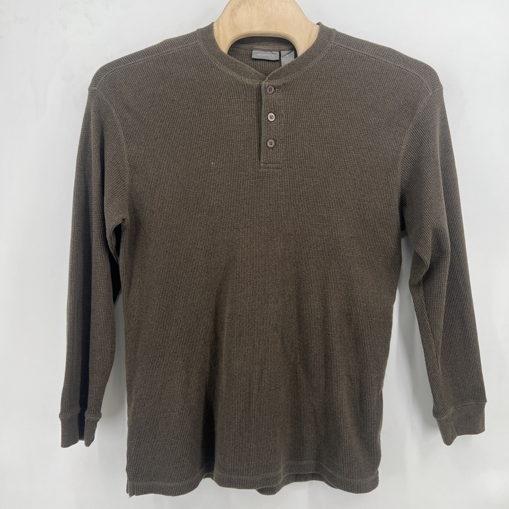 Architect Men's Xl Green Waffle Knit Henley Long Sleeve 3 Button Shirt